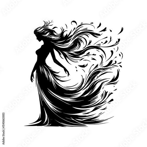 Silhouette of a woman with flowing, floral dress and hair, evoking a sense of ethereal beauty.