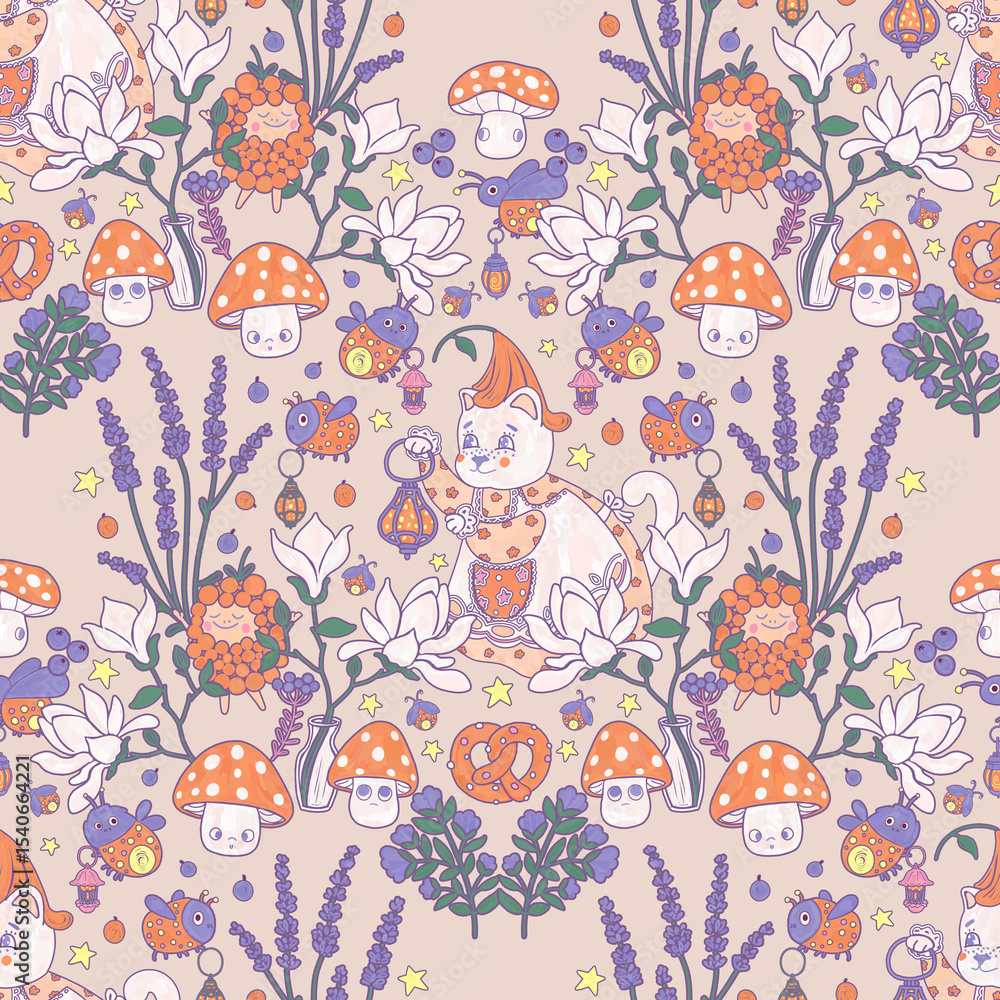 Floral orange folk pattern. Fairytale characters, mushrooms and flowers in a fantasy garden illustration. Children light beige botanical print. Floral orange folk pattern. Fairytale characters, mushrooms and flowers in a fantasy garden illustration. Children light beige botanical print.