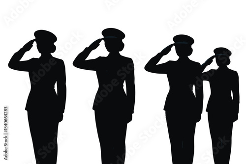 Silhouettes of female military officers saluting in uniform on a white background