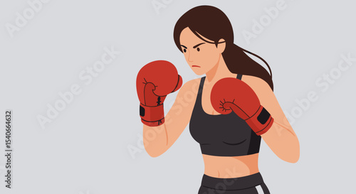 Flat vector woman boxing with gloves in ready stance