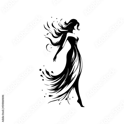 Elegant silhouette of a woman in flowing gown, stylized with abstract design elements.