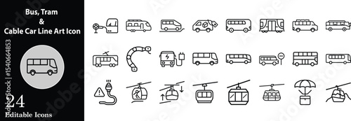 Public transport vehicles and cable car icon set with buses trams and gondolas minimalist line art