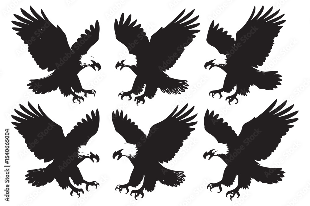 Obraz premium Black silhouettes of flying eagles with spread wings in various poses