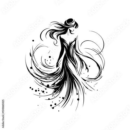 Elegant, stylized illustration of a woman in a flowing gown, surrounded by abstract floral designs.