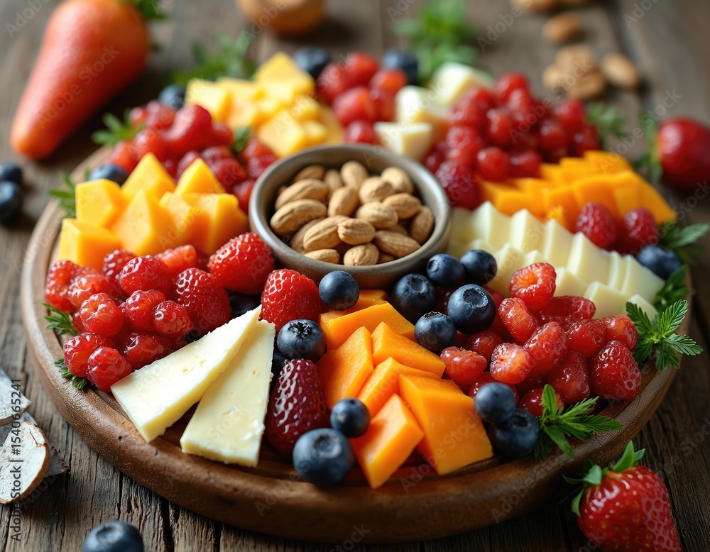 Charcuterie board arranged with fresh fruits, vegetables, cheeses, nuts. Healthy snack includes strawberries, blueberries, orange slices, assorted cheese, almonds, raspberries. Wooden serving tray, Charcuterie board arranged with fresh fruits, vegetables, cheeses, nuts. Healthy snack includes strawberries, blueberries, orange slices, assorted cheese, almonds, raspberries. Wooden serving tray,
