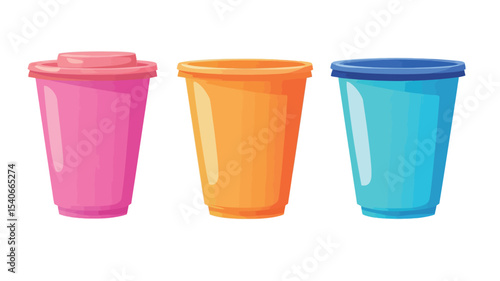 The image shows a digital illustration of three disposable cups in pink, orange, and blue.  Each cup features a contrasting colored lid. The cups are depicted against a plain white background.