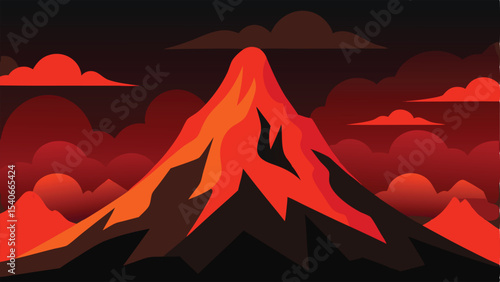 Vibrant abstract illustration of an erupting volcano amidst fiery clouds