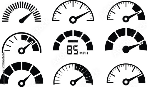 Speedometer Icon Set, Black and White Gauge Vector for Dashboard UI.

