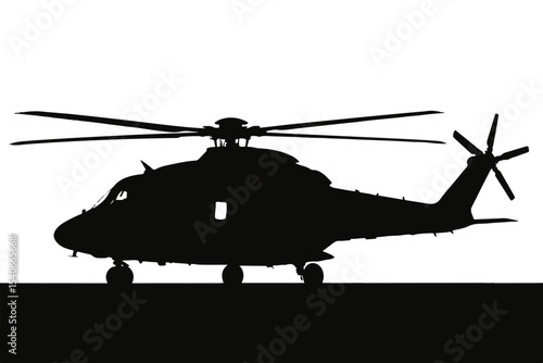Black silhouette of a helicopter with large rotor blades on a white background