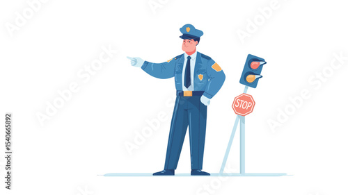A vector illustration depicting a male police officer in a blue uniform and hat, directing traffic. He is standing with his hand outstretched, gesturing, and a traffic light is visible in the