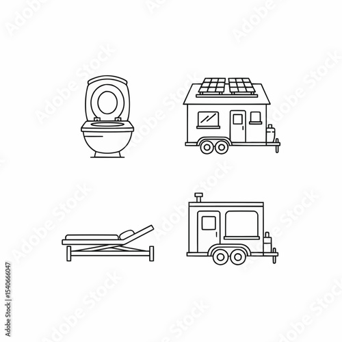 Line art depiction of modern objects including a toilet, solar-powered tiny house, camping bed, and trailer designed for outdoor living or mobile use