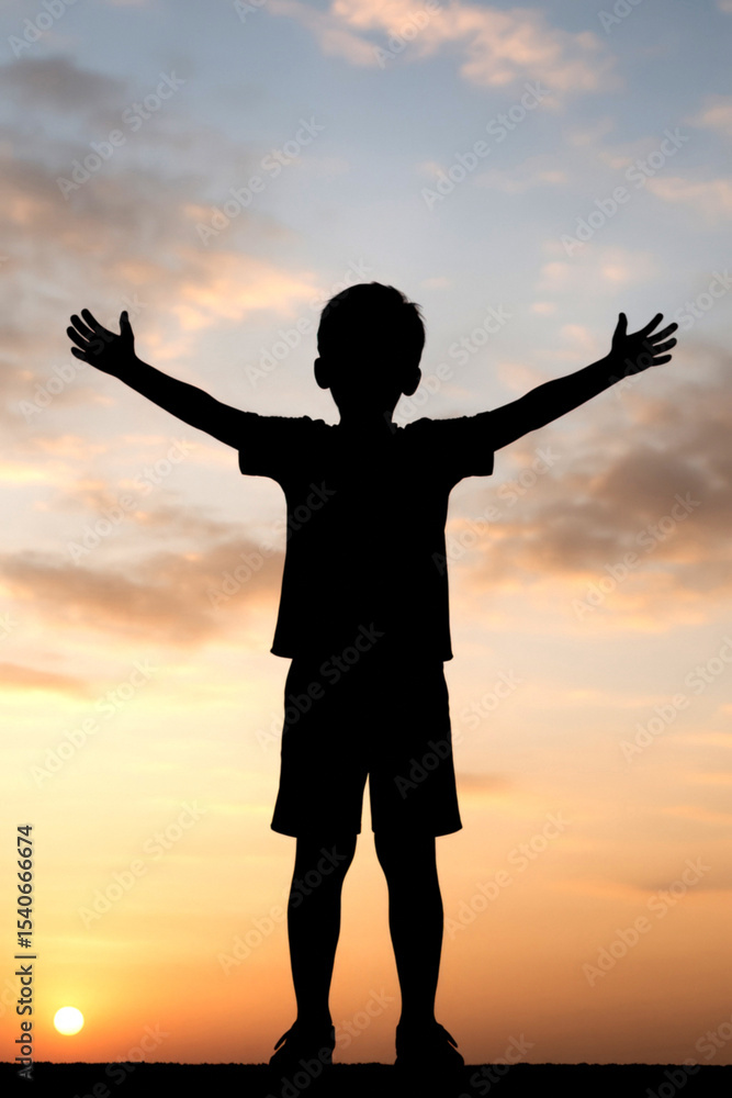 Fototapeta premium Silhouette of a Boy Praising with Open Arms at Sunrise Child Expressing Joy and Faith During Sunset