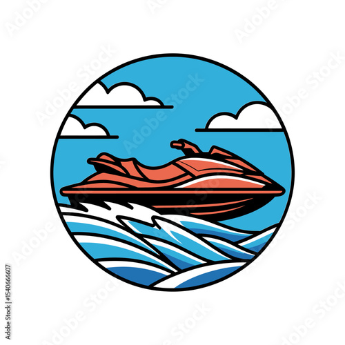 Jet Ski on Water Circle Icon - Summer Recreation and Sports Vector