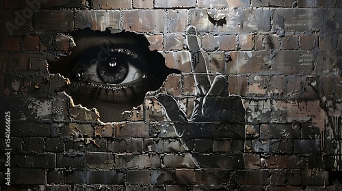 An eye peering through a damaged brick wall.