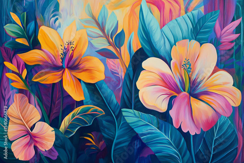 Wallpaper Mural Abstract Colorful Painting of Large Flowers and Leaves Torontodigital.ca