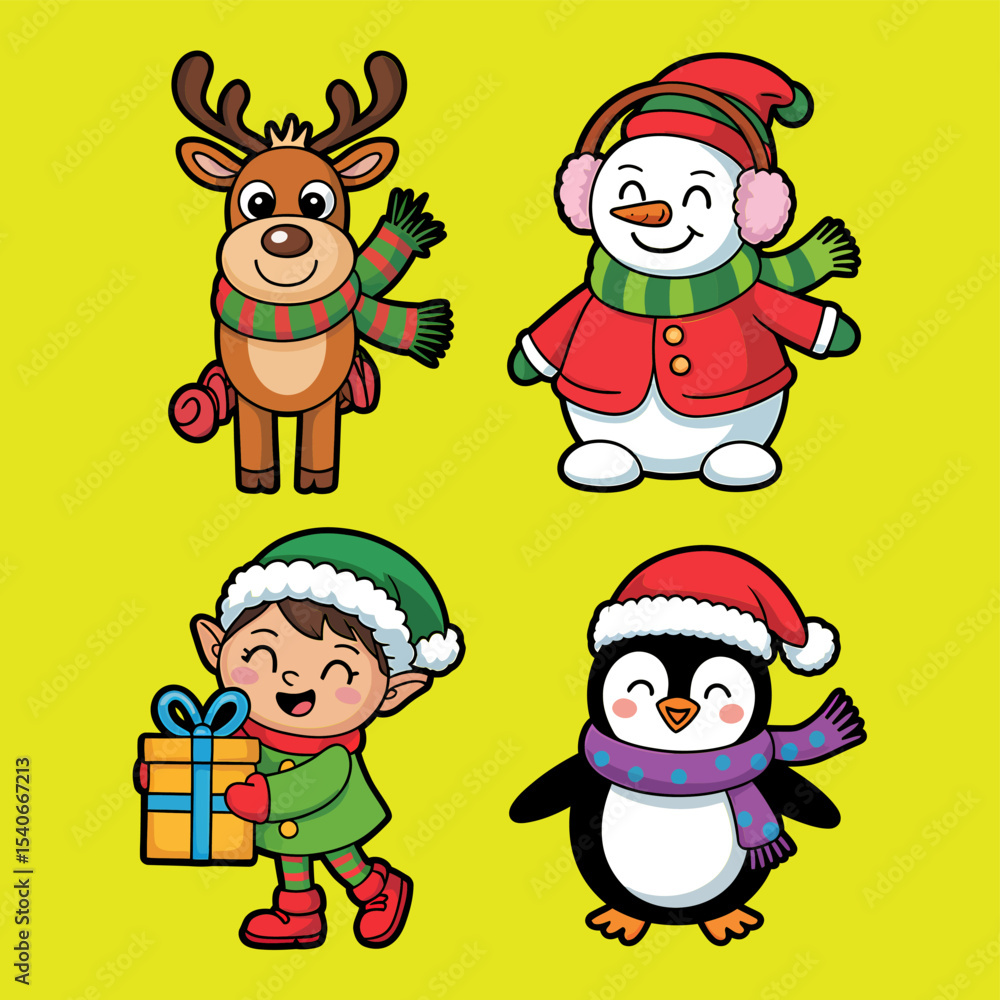 Fototapeta premium Cute Christmas Holiday Characters Vector Illustration Set
