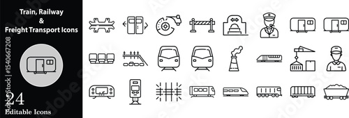 Train railway and freight transport icon set featuring trains personnel and infrastructure in outline style
