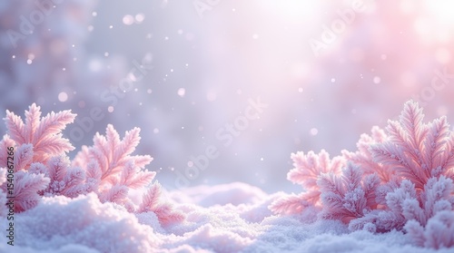 Pink frost covered branches in a winter wonderland scene