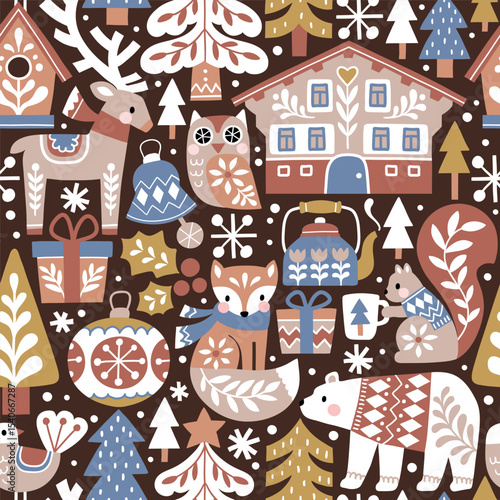 Seamless vector pattern with woodland animals. Cute deer, bear, fox, owl, squirrel and bird. Winter village with chalet and snowy pine trees. Scandinavian Christmas illustration. EPS10 vector file.