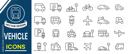 Vehicle and Transport icons vector collection. Outline icon of vehicle, transport, electric scooter, motorbike, car, train symbol and sign. Water, land, air transport. Vector illustration.
