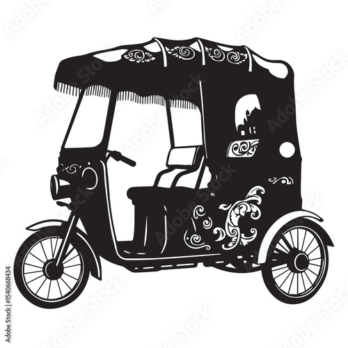 Ornate black and white silhouette of a three wheeled auto rickshaw