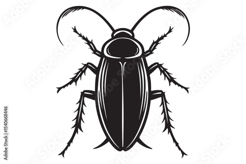 Black silhouette of a cockroach with detailed antennae and legs. Ideal for pest control, insects, and household themes.