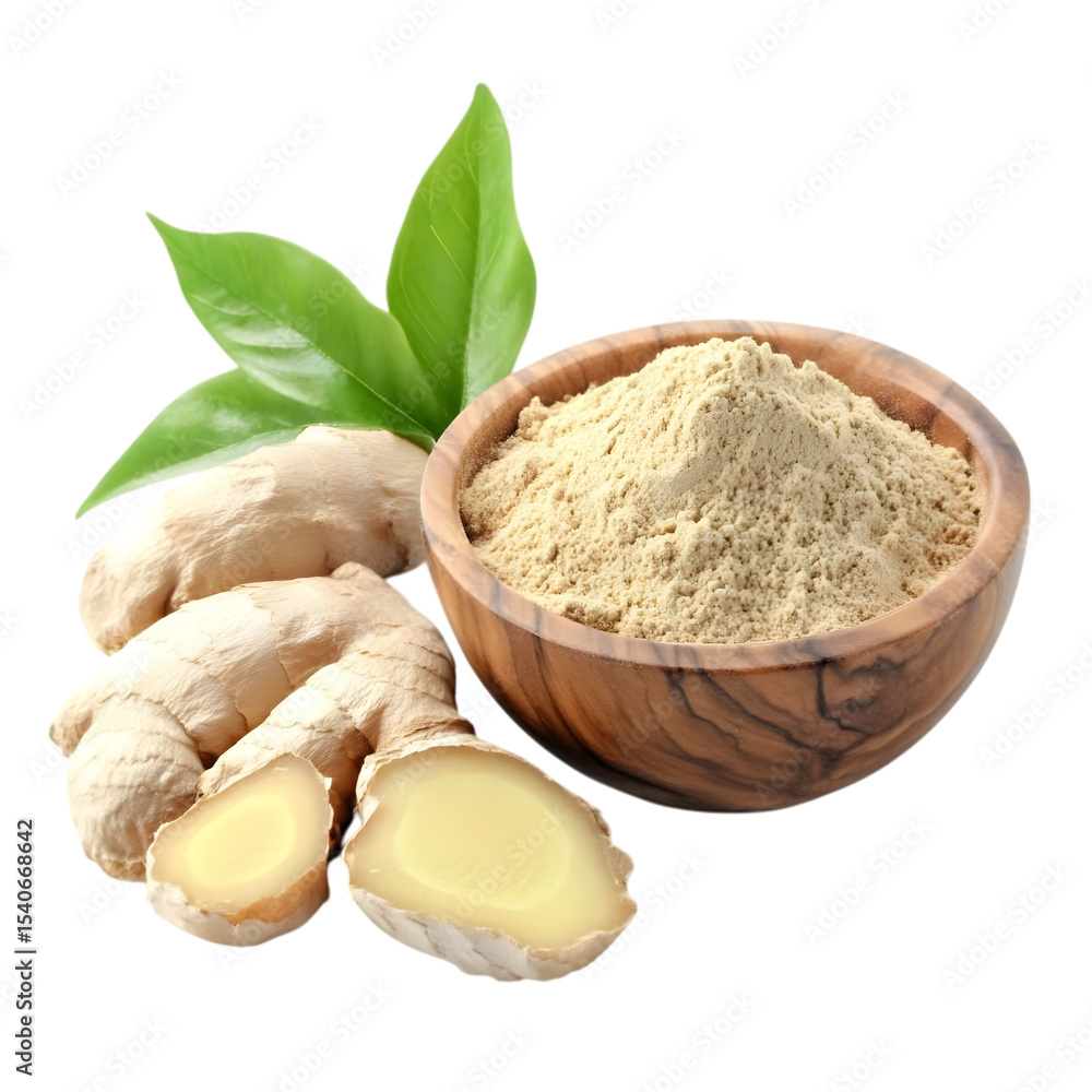 Fototapeta premium Ginger powder in wooden cup with ginger root next to cup, isolated on transparent background.