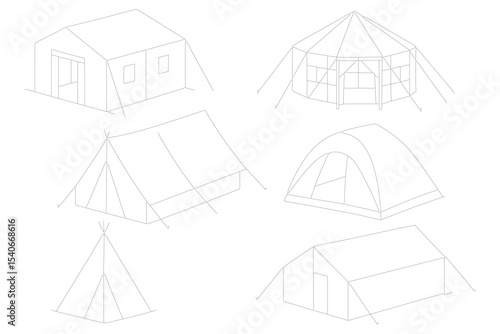 Line drawings of various tent designs, including a tipi, geodesic, and canvas tent. Ideal for camping and outdoor themes.