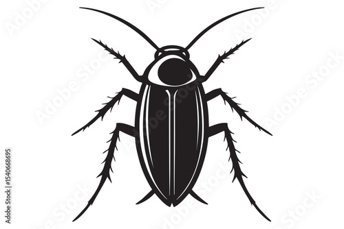 Detailed black silhouette of a cockroach with long antennae and legs. Perfect for pest control and insect  related graphics.