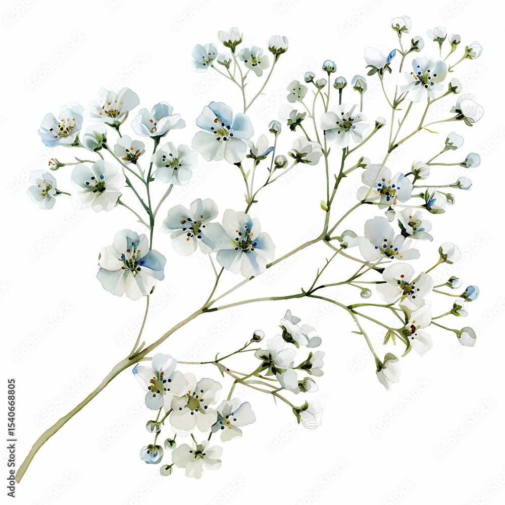 Fototapeta premium Watercolor White Gypsophila Isolated on White Background. Beautiful Gypsophila Flower