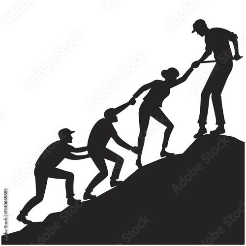 Silhouette Illustration of Teamwork and Support Showing a Group Helping Each Other Climb a Mountain Together, Demonstrating the Power of Unity