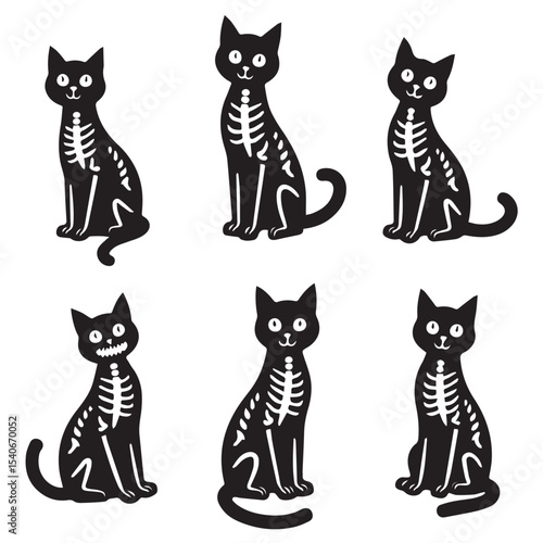 Six cute black cats with visible skeletons halloween illustration