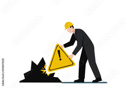 A construction worker warns of danger near a collapsed structure. Bold yellow sign, professional attire, safety alert. Clear, impactful illustration.