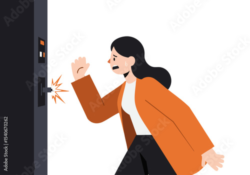 A distressed woman urgently presses a call aid button, reacting with fear and panic. Dramatic action shot, conveying urgency and vulnerability. Suitable for safety, emergency, and anxiety themes.
