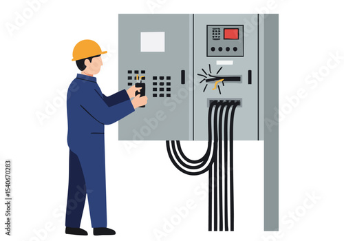 Electrician inspects a control panel, checking circuits with a multimeter. A professional setting with clear visual details. Suitable for technical or industrial themes.