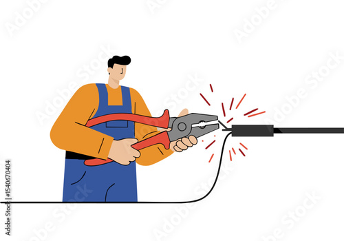 A skilled technician repairs a wire with pliers, sparks flying. Illustrative style, modern design. Perfect for tech, repair, or problem-solving concepts.