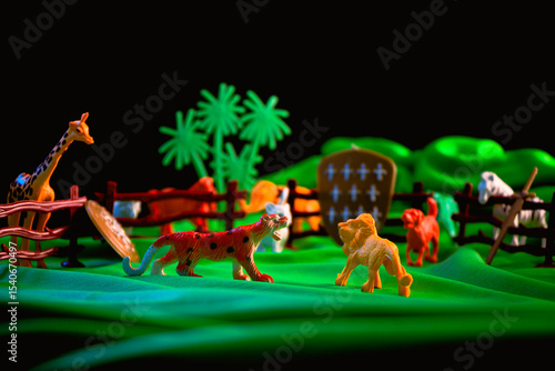 Photography A playful scene of toy safari animals like lions, tigers, and giraffes in a mini
