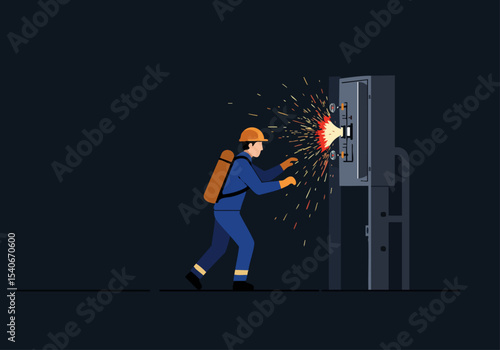 Welder sparks metal, wearing protective gear. Dynamic action shot with sparks and a dark background. Industrial scene, high energy.