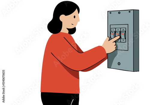 A woman interacts with a breaker box, highlighting a simple, modern illustration. Clean lines and a muted color palette create a visually appealing and easily recognizable image.