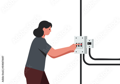 A woman switches off a breaker, illustrating electrical safety. Clean, modern illustration with a pink background. Clear composition, ideal for informational graphics.