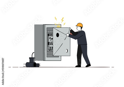A worker repairs an electrical panel, showcasing a clear fix. Modern illustration style with a focus on functionality and repair.