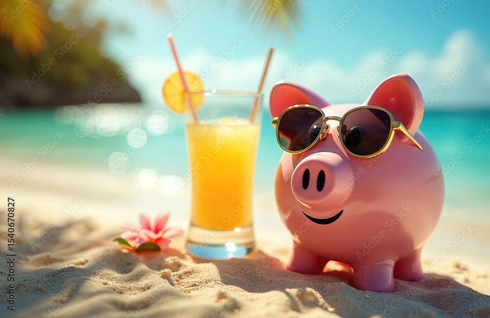 Obraz premium Piggy bank wearing sunglasses relaxes on tropical beach with cocktail. Saving money for vacation at summer resort. Concept of finance planning, travel budget, economic prosperity.