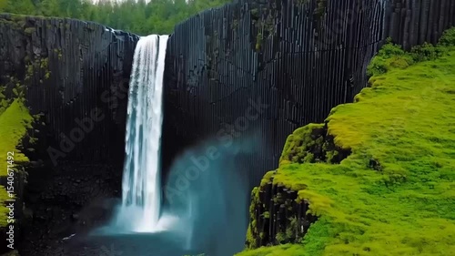 A breathtaking view of Svartifoss Waterfall in Iceland — cascading water plunges over dramatic dark basalt column cliffs, surrounded by lush green moss and rugged rock formations, capturing the natura