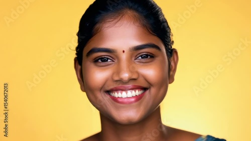 Close-up view of a smiling Indian woman on a yellow background. With her joyful demeanor, she enhances the vibrant atmosphere, making the yellow background shine.