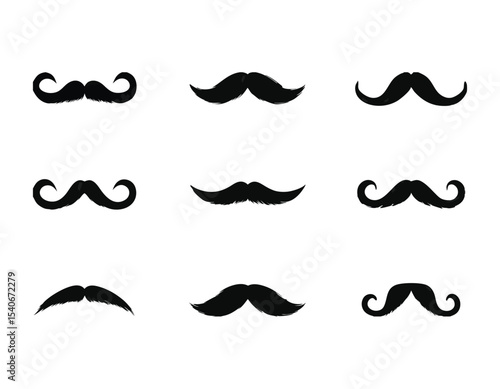 Black Silhouette Mustache Vector Icon Set for Vintage Fashion Design Projects