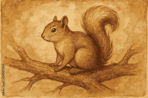 sepia  toned drawing of a squirrel with a bushy tail sitting on a tree