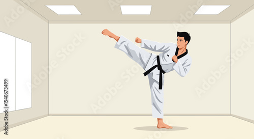 Flat vector male in taekwondo uniform doing high side kick