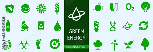 Green energy icon. Collection of solid vector icons on the theme of environment protection, ecology, renewable energy, bio battery, leaf.