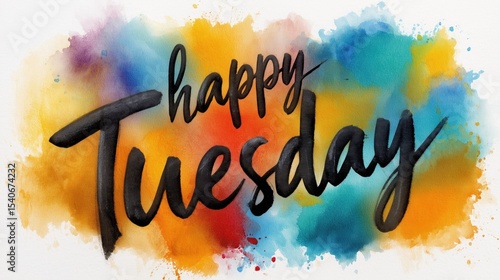 Happy Tuesday Handwritten Text with Colorful Watercolor Background for Inspirational or Motivational Content