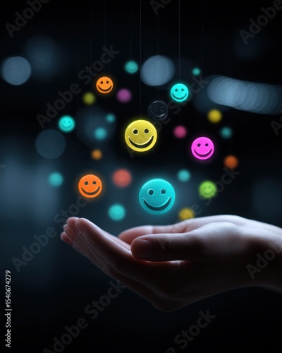 A hand holds floating smiley faces